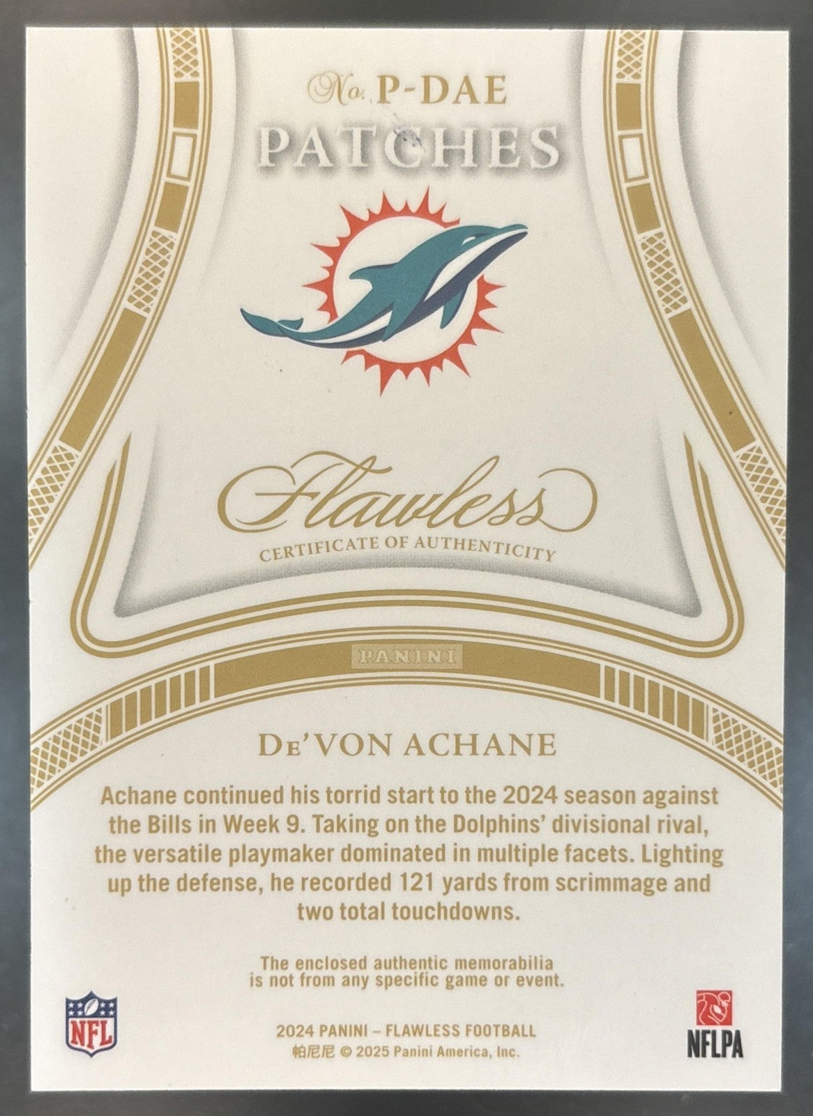 2024 Panini Flawless De'Von Achane Patches Ruby 15/15 #P-DAE MEM Miami Dolphins