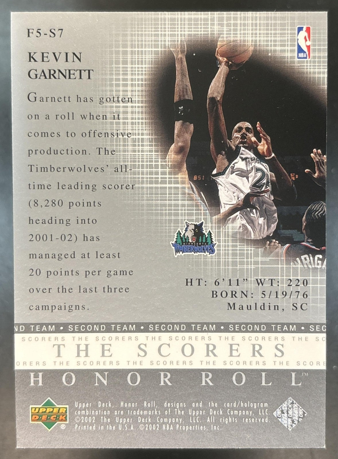 2001-02 Upper Deck Honor Roll Kevin Garnett Fab Fives The Scorers Timberwolves