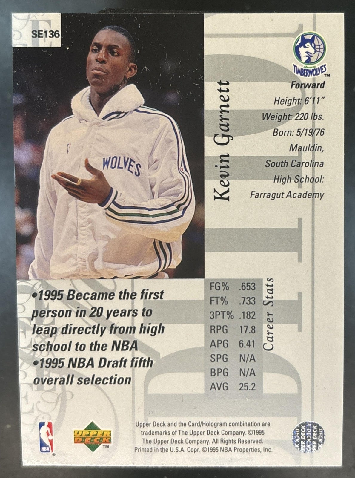 1995-96 Upper Deck Kevin Garnett Special Edition #SE136 RC Timberwolves