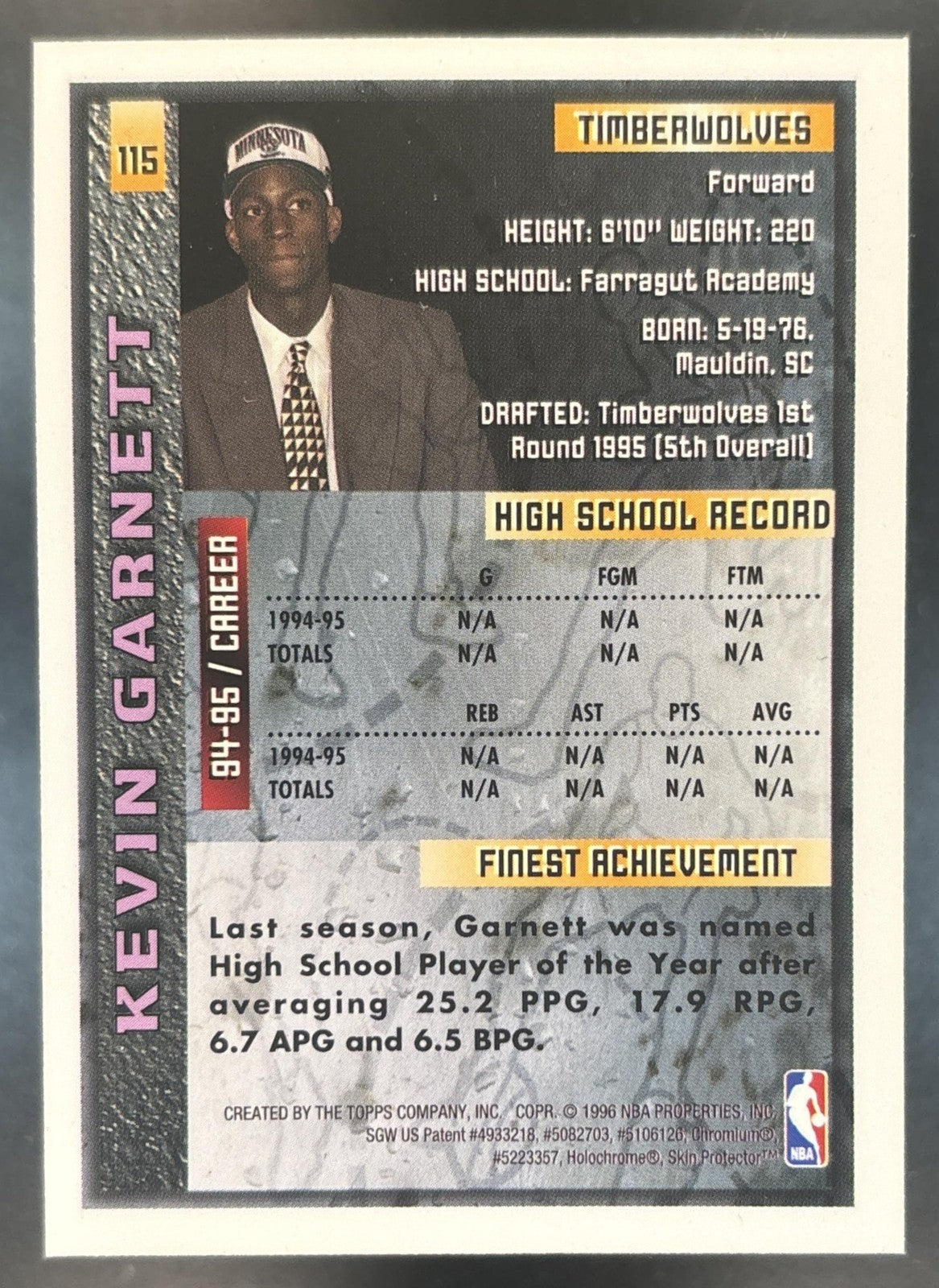 1995-96 Topps Finest Kevin Garnett #115 RC Minnesota Timberwolves