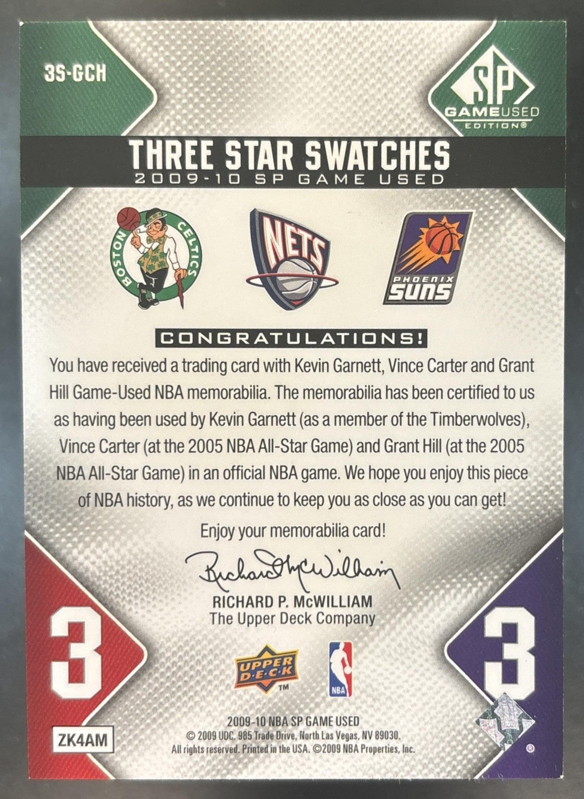 2009-10 SP Game Used Vince Carter Grant Hill Kevin Garnett 3 Star Swatches /299