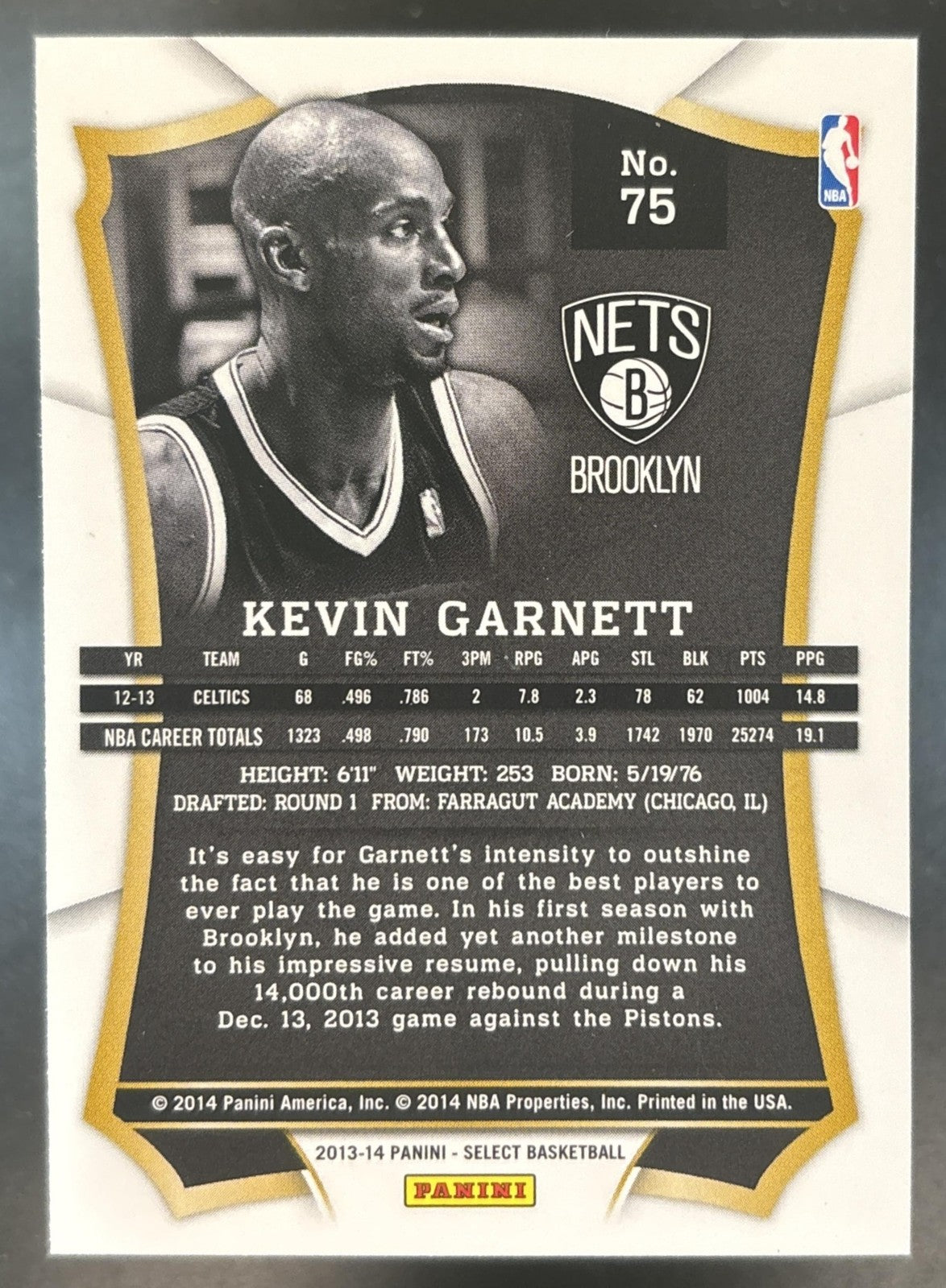 2013-14 Panini Select Kevin Garnett #75 Brooklyn Nets