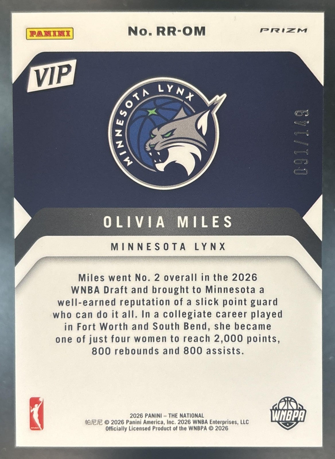 2026 Panini NSCC Olivia Miles Gold Pack VIP Purple Ice /149 #RR-OM RC