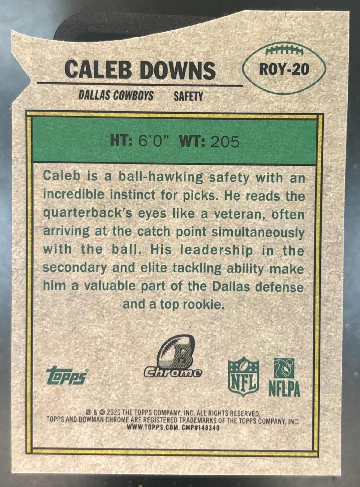 2026 Bowman Caleb Downs Chrome ROY Favorites Green /99 #ROY-20 RC Dallas Cowboys