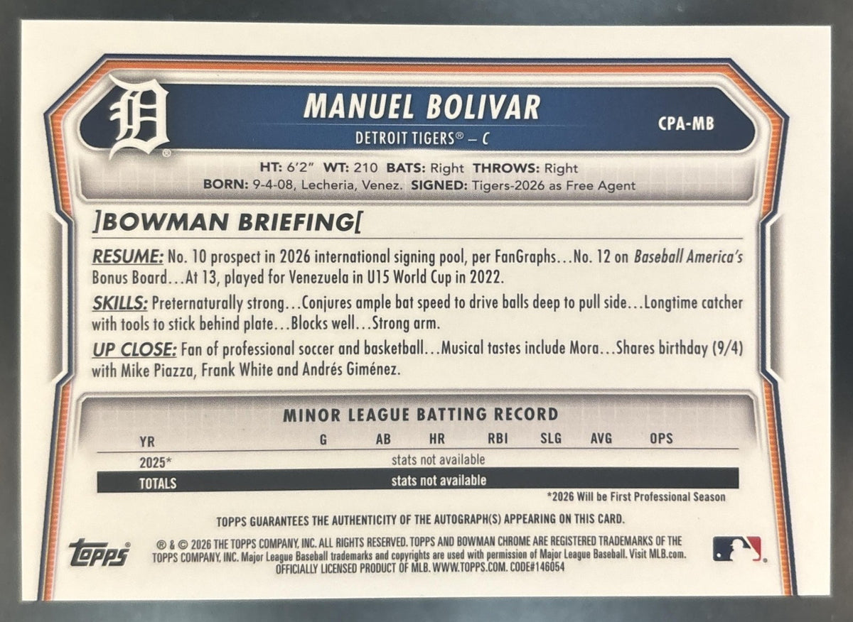 2026 Bowman Chrome Manuel Bolivar Auto Green /99 1st Prospect Detroit Tigers
