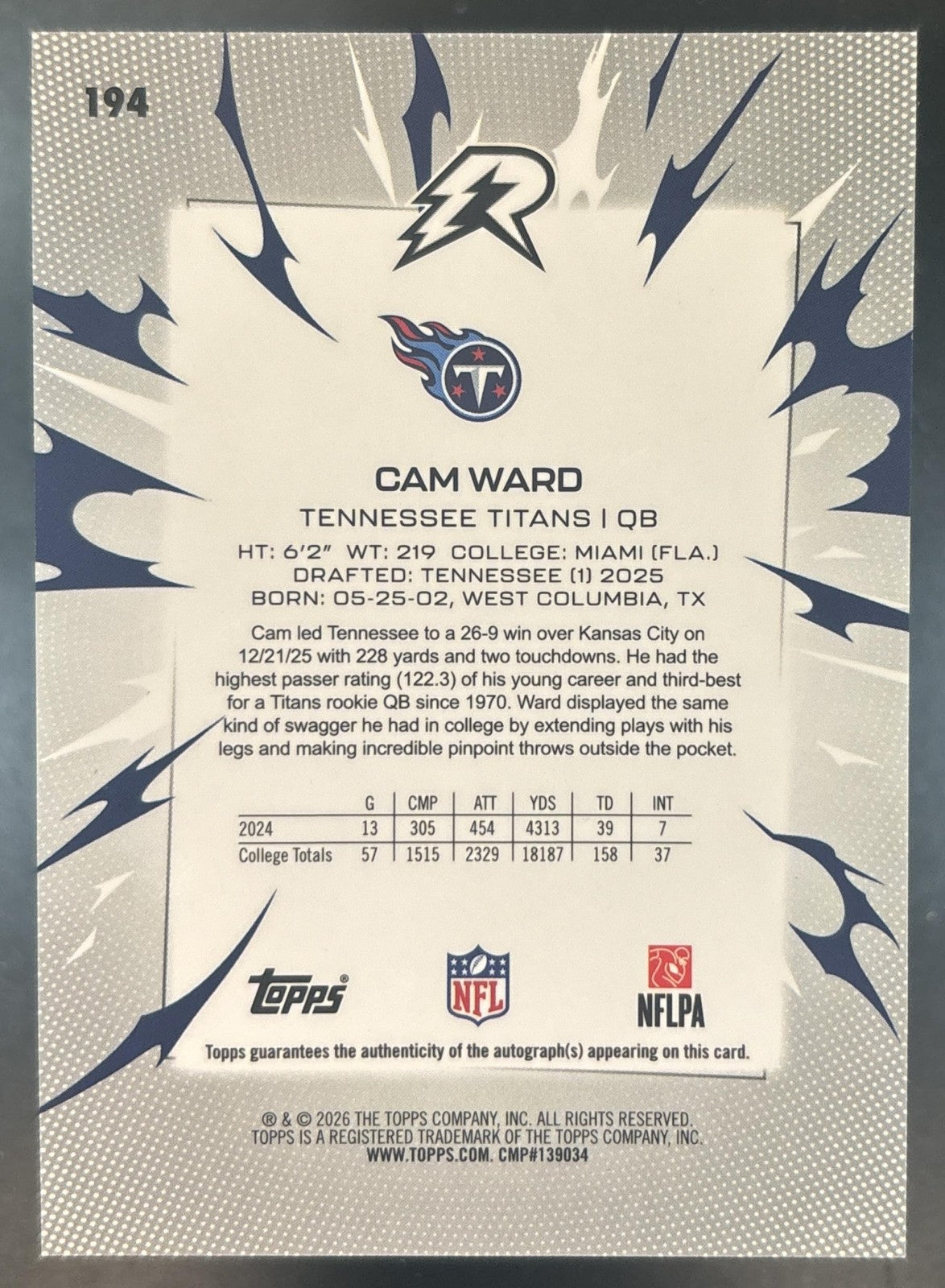2025 Topps Resurgence Cam Ward Pink Power Surge Auto /10 #194 RC Titans