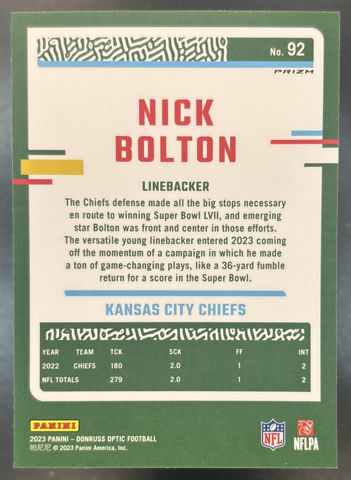 2023 Panini Donruss Optic Nick Bolton Fire Emoji Prizm #92 Kansas City Chiefs