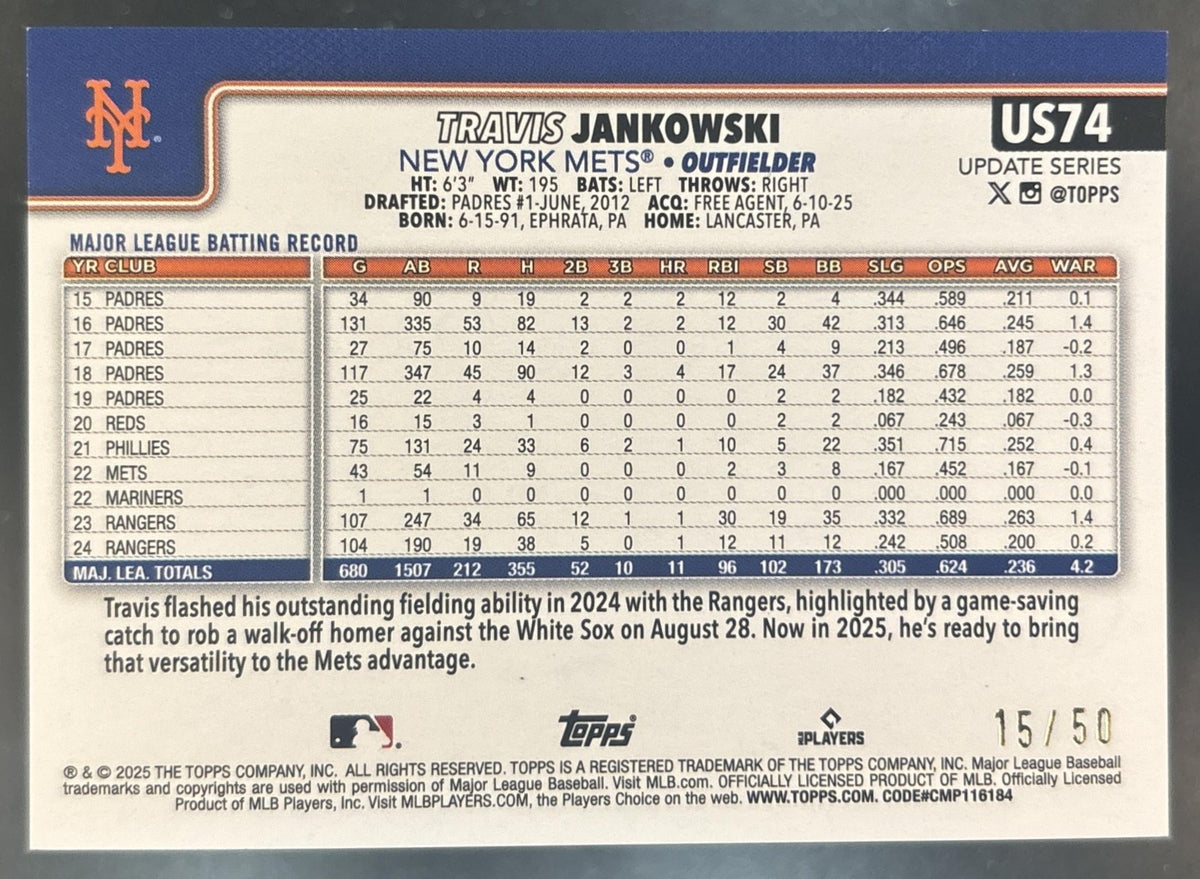 2025 Topps Update Travis Jankowski Canvas /50 #US74 New York Mets