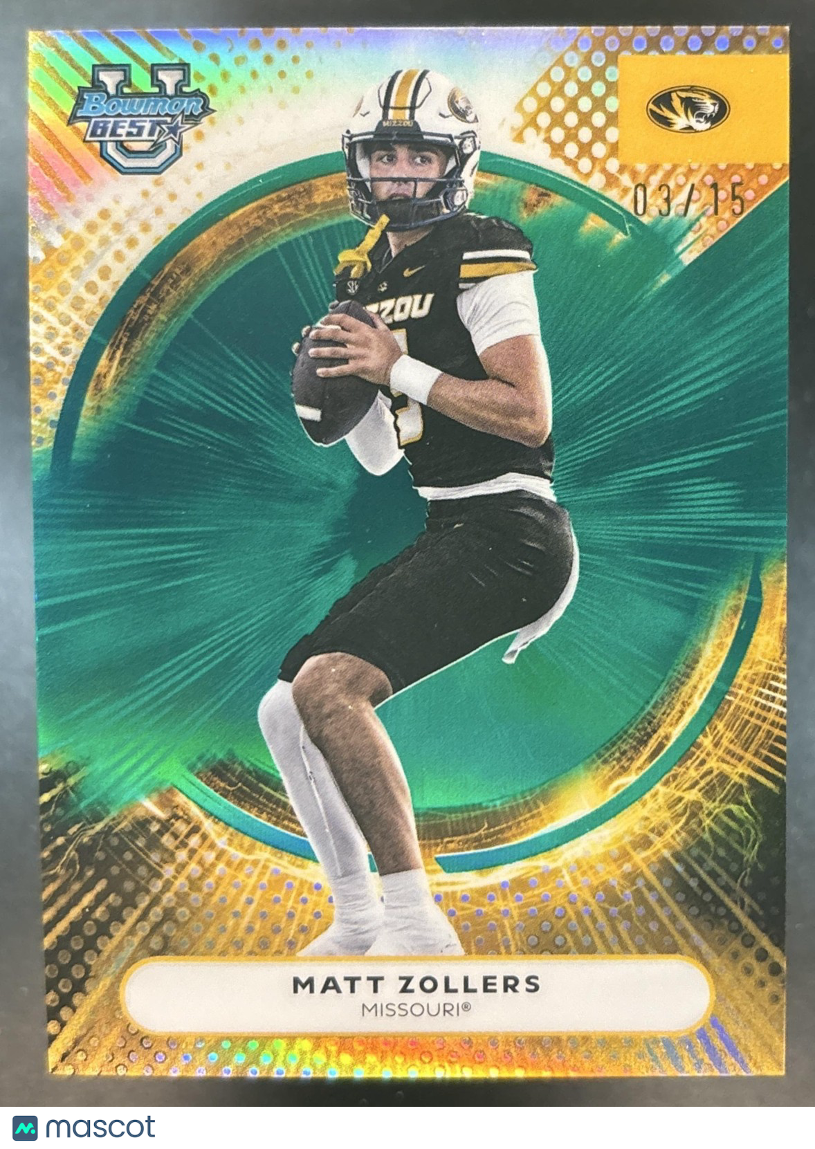 2025 Bowman Best University Matt Zollers Teal Refractor /15 #11 Missouri Tigers