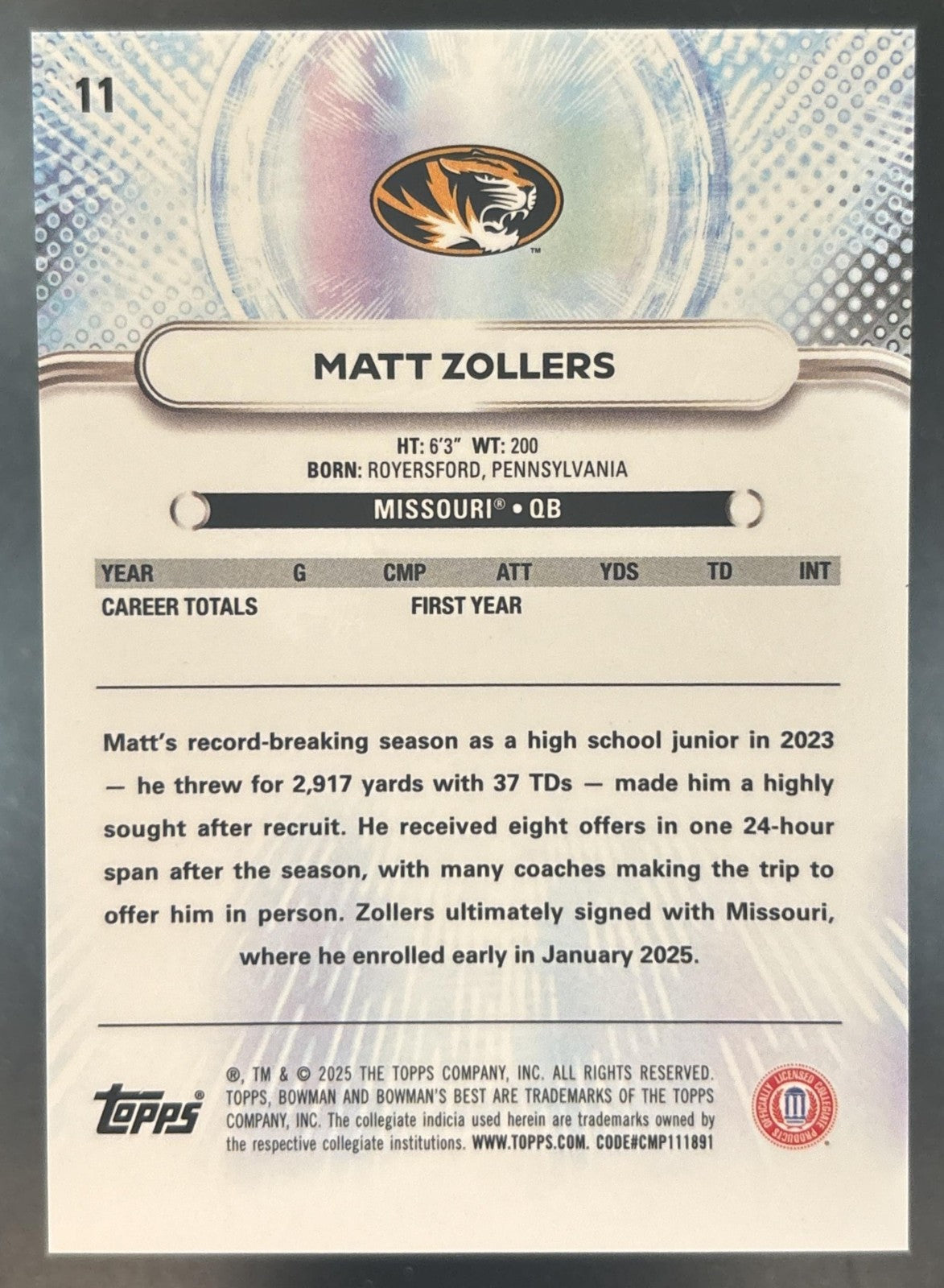 2025 Bowman Best University Matt Zollers Teal Refractor /15 #11 Missouri Tigers