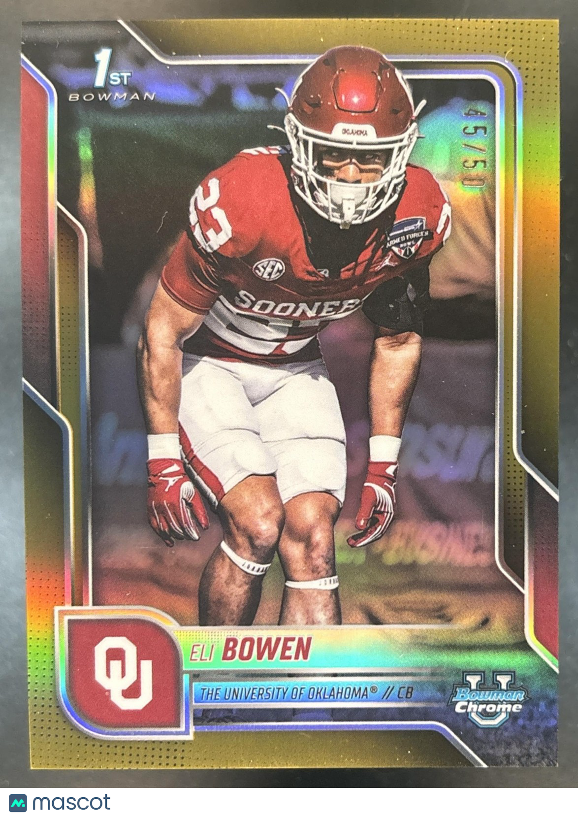 2025 Bowman Chrome University Eli Bowen Gold /50 #107 1st Prospect Oklahoma