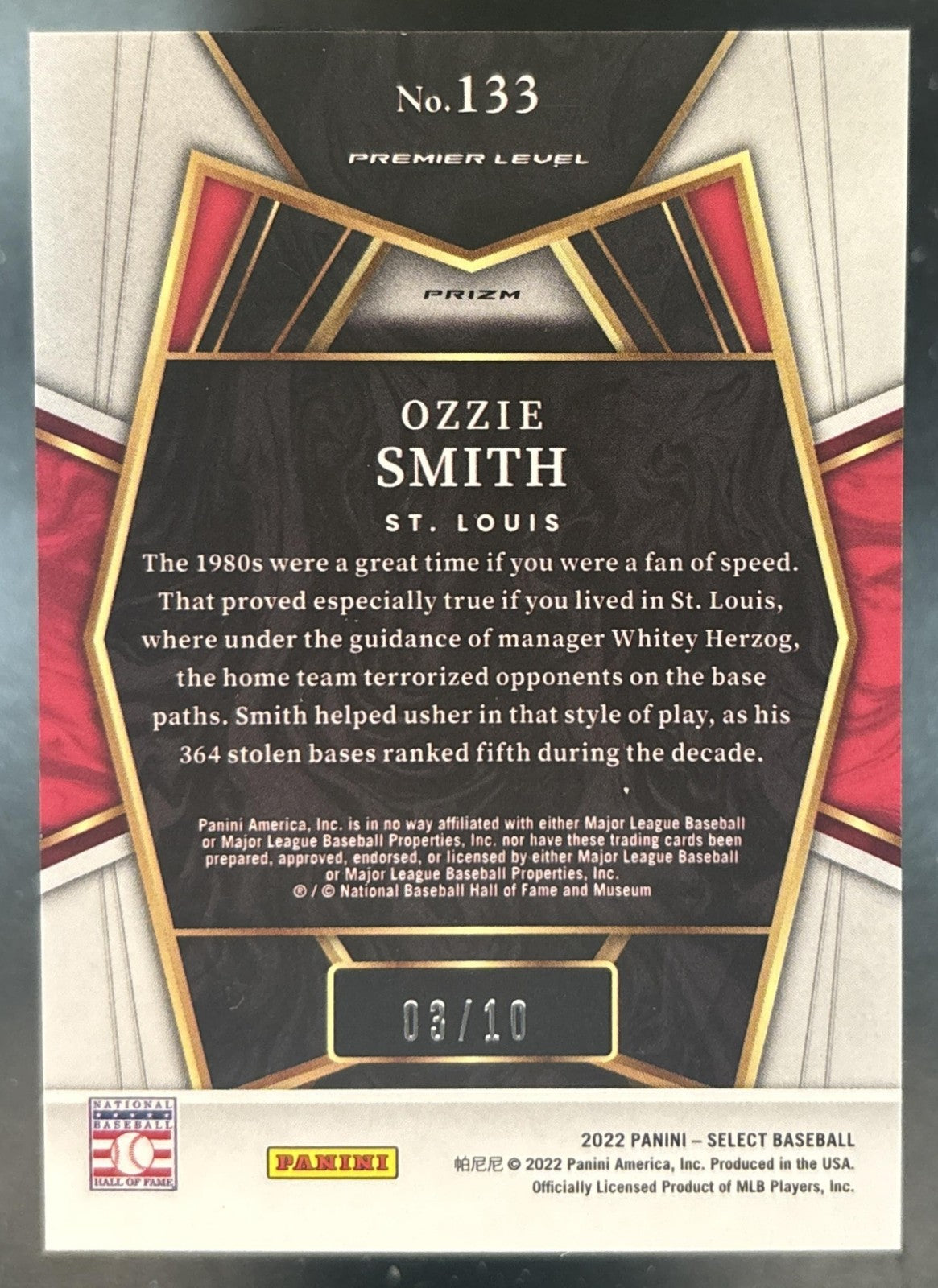 2022 Panini Select Ozzie Smith Gold /10 #133 Premier Level St. Louis Cardinals