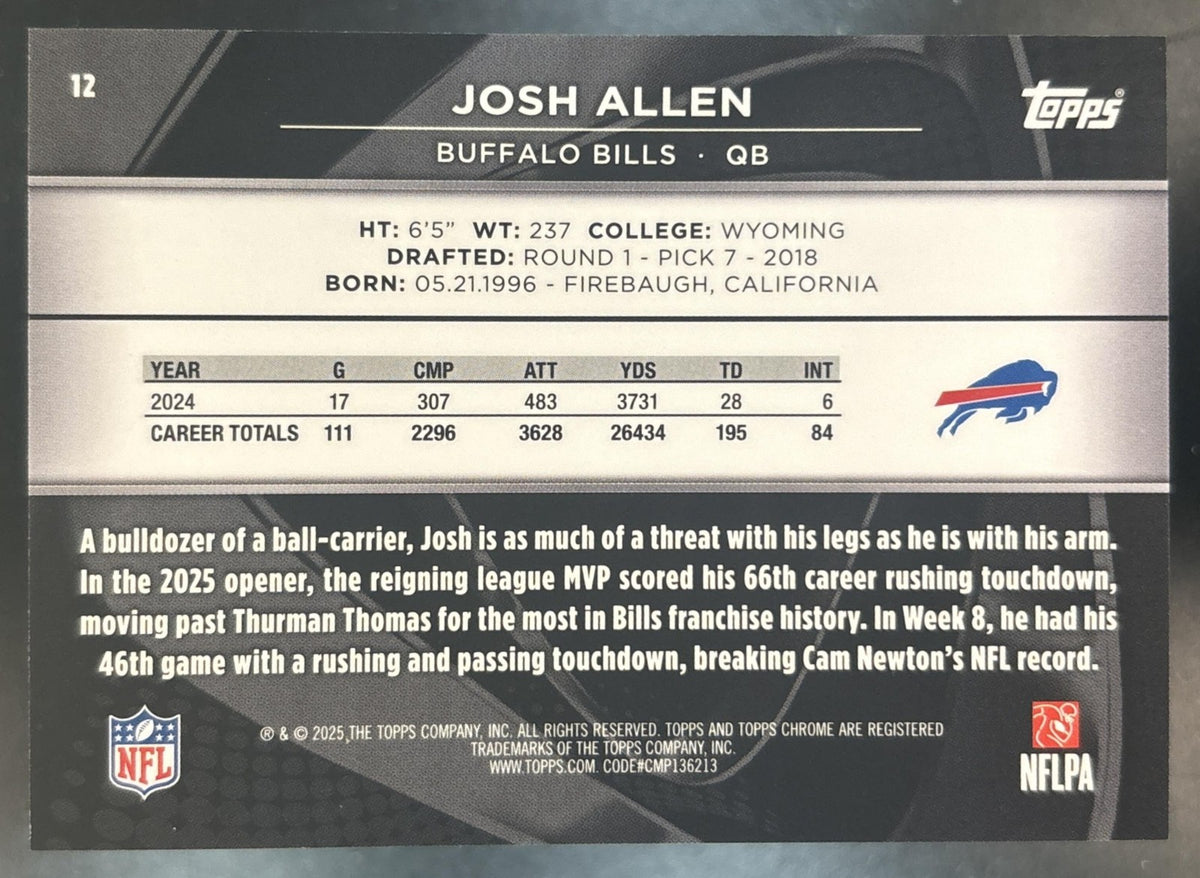 2025 Topps Chrome Black Josh Allen Purple /75 #12 Buffalo Bills