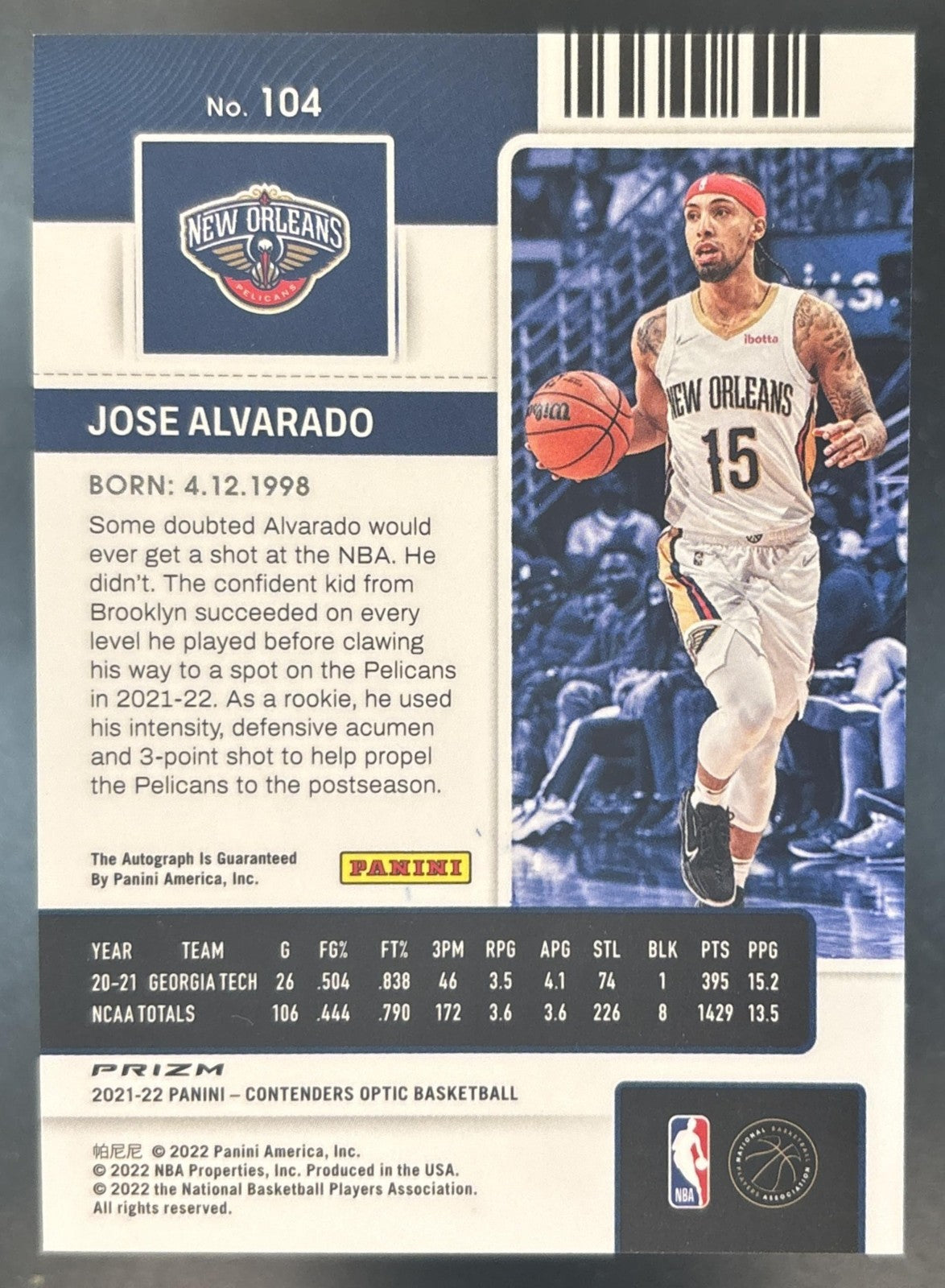 2021-22 Panini Contenders Optic Jose Alvarado #104 RC Auto New Orleans Pelicans
