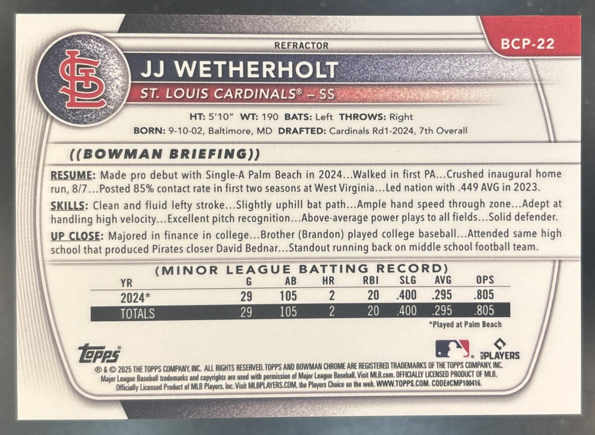 2025 Bowman JJ Wetherholt Chrome Refractor /499 #BCP-22 1st Prospect Cardinals