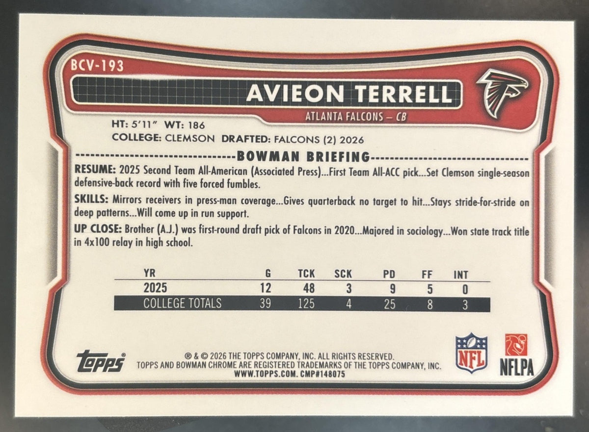 2026 Bowman Avieon Terrell Chrome NFL Aqua /199 #BCV-193 RC Atlanta Falcons