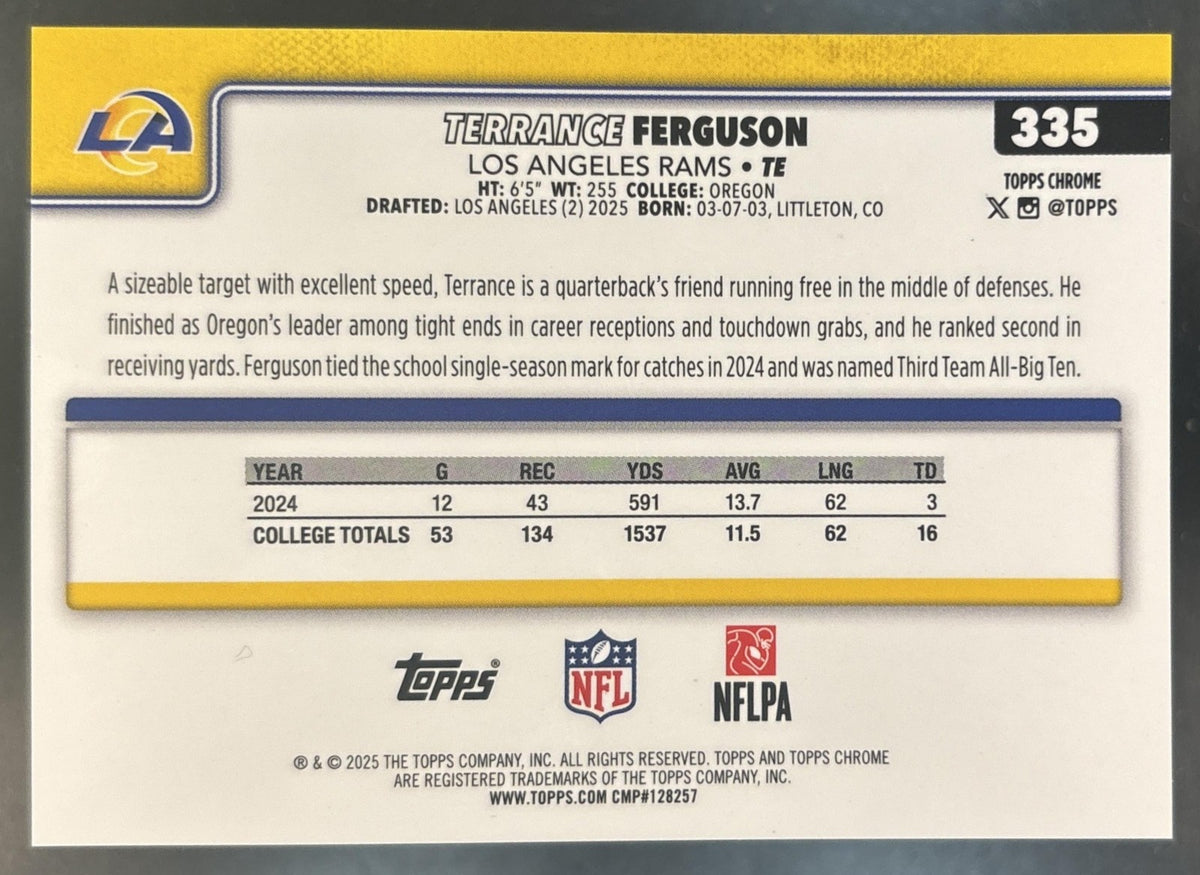 2025 Topps Chrome Terrance Ferguson White Refractor /30 #335 RC Los Angeles Rams