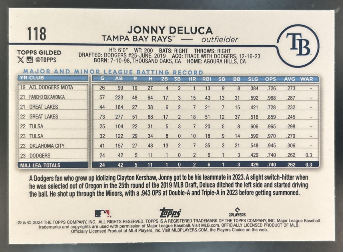 2024 Topps Gilded Collection Jonny Deluca Chrome /99 #118 RC Tampa Bay Rays