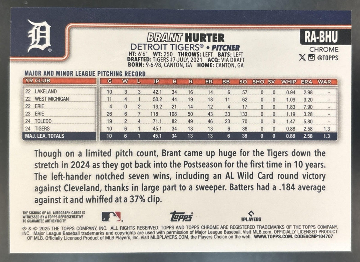 2025 Topps Chrome Brant Hurter Auto Aqua Wave /199 RC Detroit Tigers
