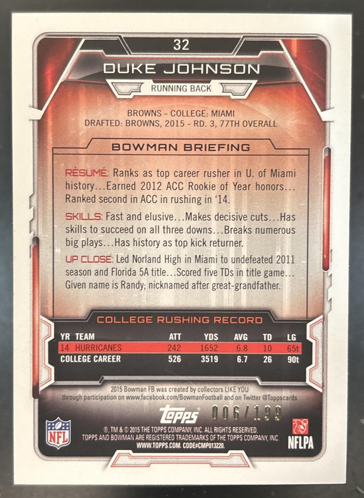 2015 Bowman Duke Johnson Rookies Red /199 #32 RC Cleveland Browns