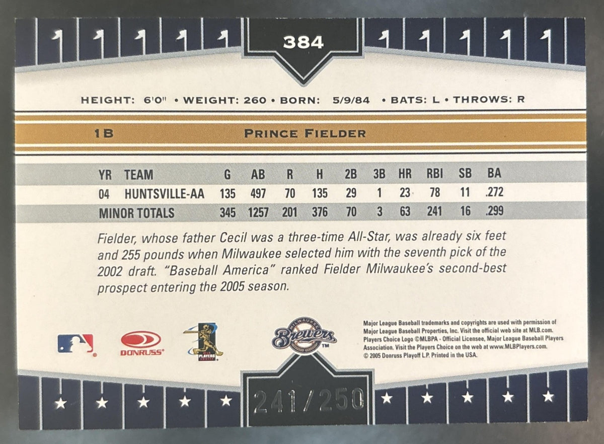 2005 Donruss Champions Prince Fielder Impressions Red /250 #384 RC Brewers