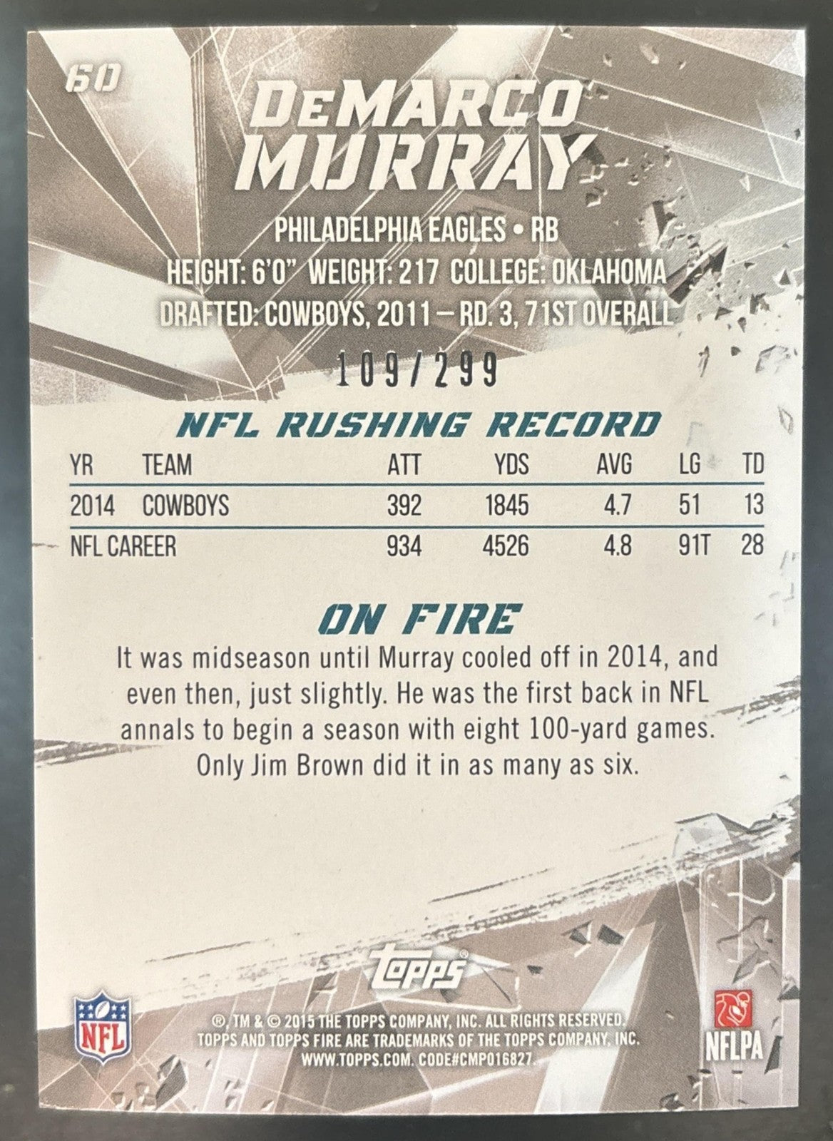 2015 Topps Fire DeMarco Murray Gold /299 #60 Philadelphia Eagles