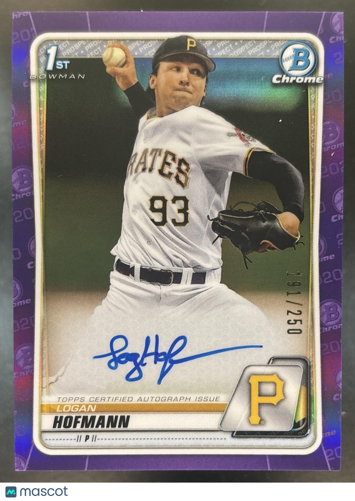 2020 Bowman Draft Logan Hofmann Chrome Pick Auto Purple /250 Pittsburgh Pirates