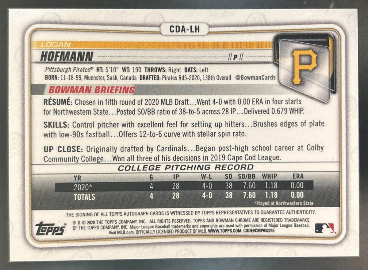 2020 Bowman Draft Logan Hofmann Chrome Pick Auto Purple /250 Pittsburgh Pirates