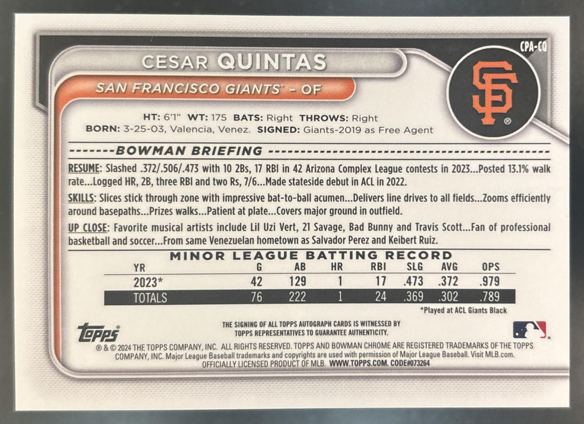 2024 Bowman Cesar Quintas Chrome Auto #CPA-CQ 1st Prospect San Francisco Giants