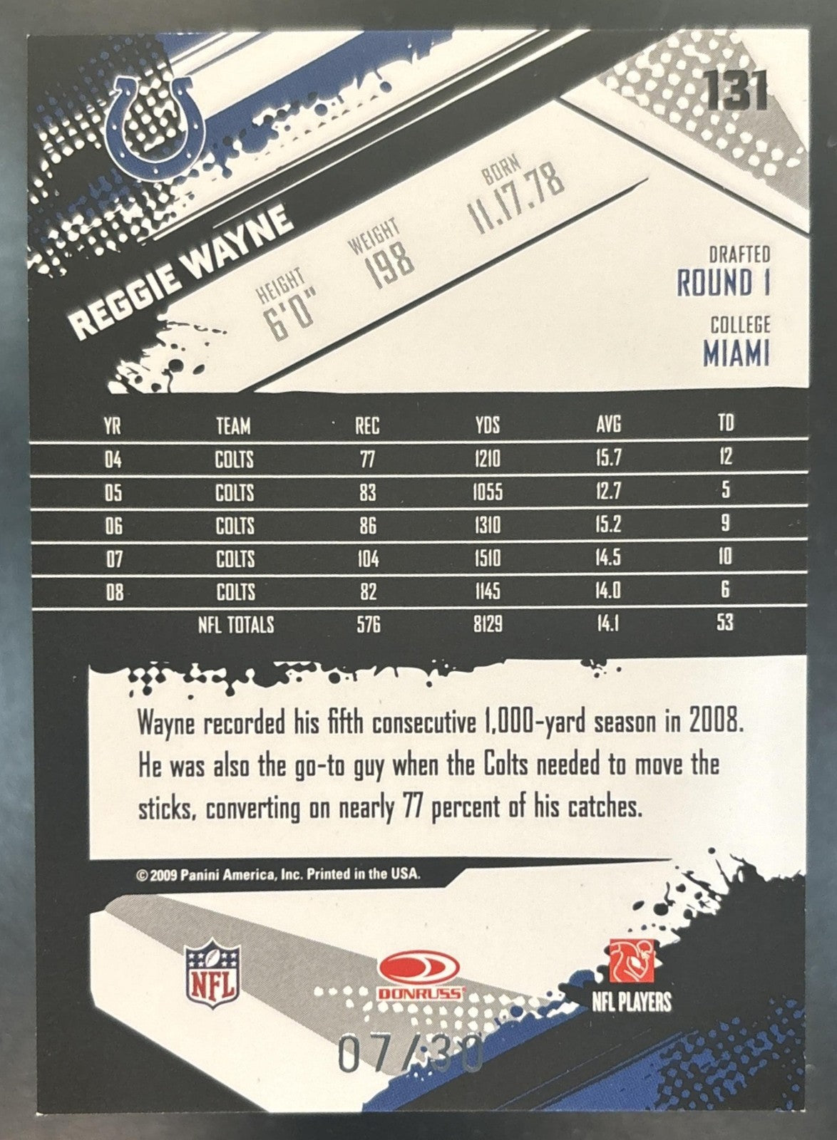 2009 Panini Score Reggie Wayne /30 #131 Indianapolis Colts