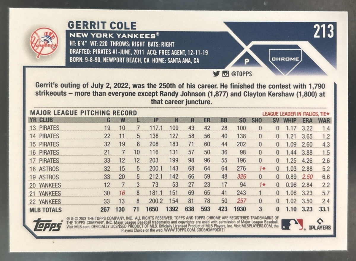 2023 Topps Chrome Gerrit Cole Negative Refractor #213 New York Yankees