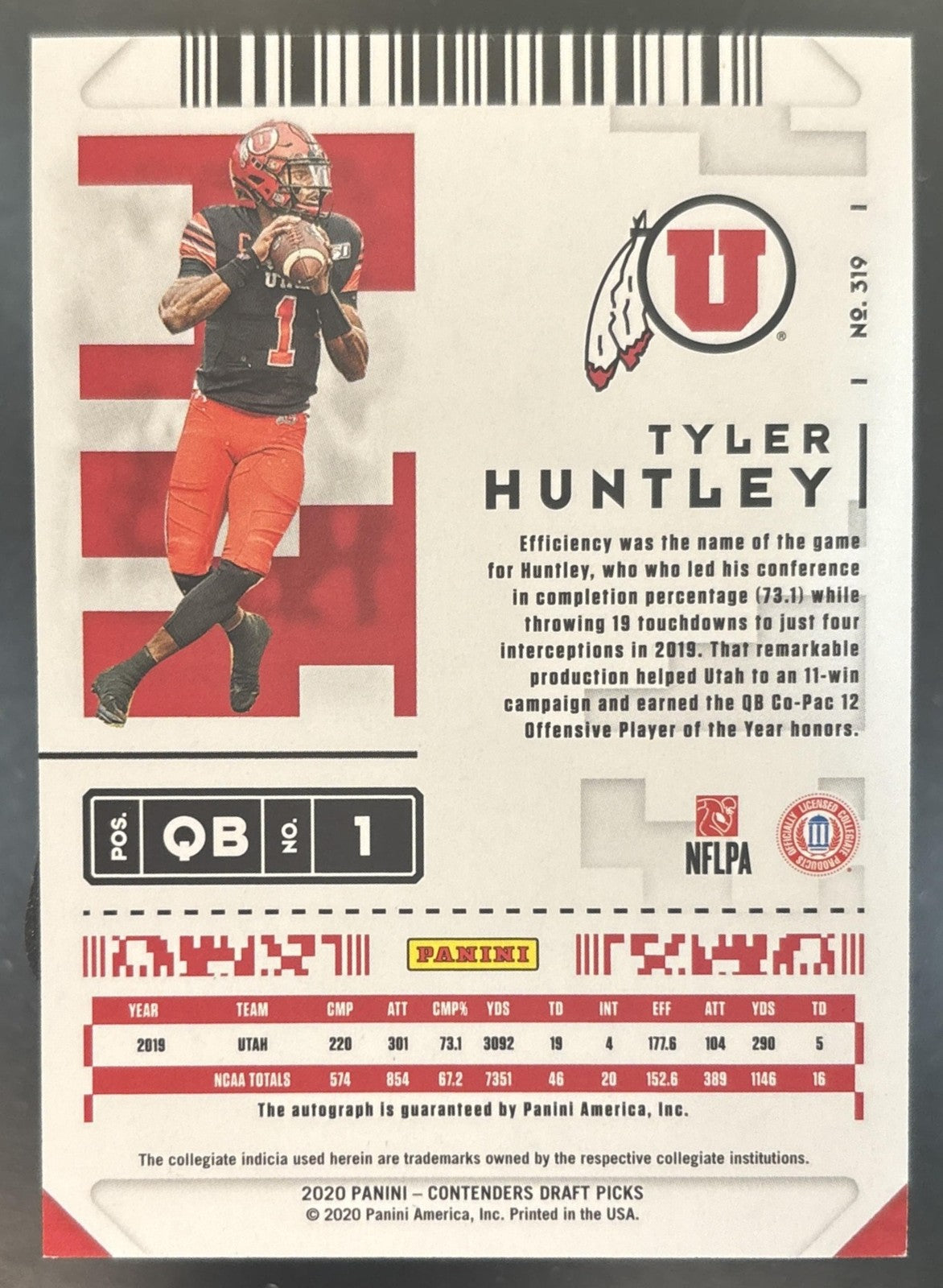 2020 Panini Contenders Draft Picks Tyler Huntley #319 RC Auto Utah Utes