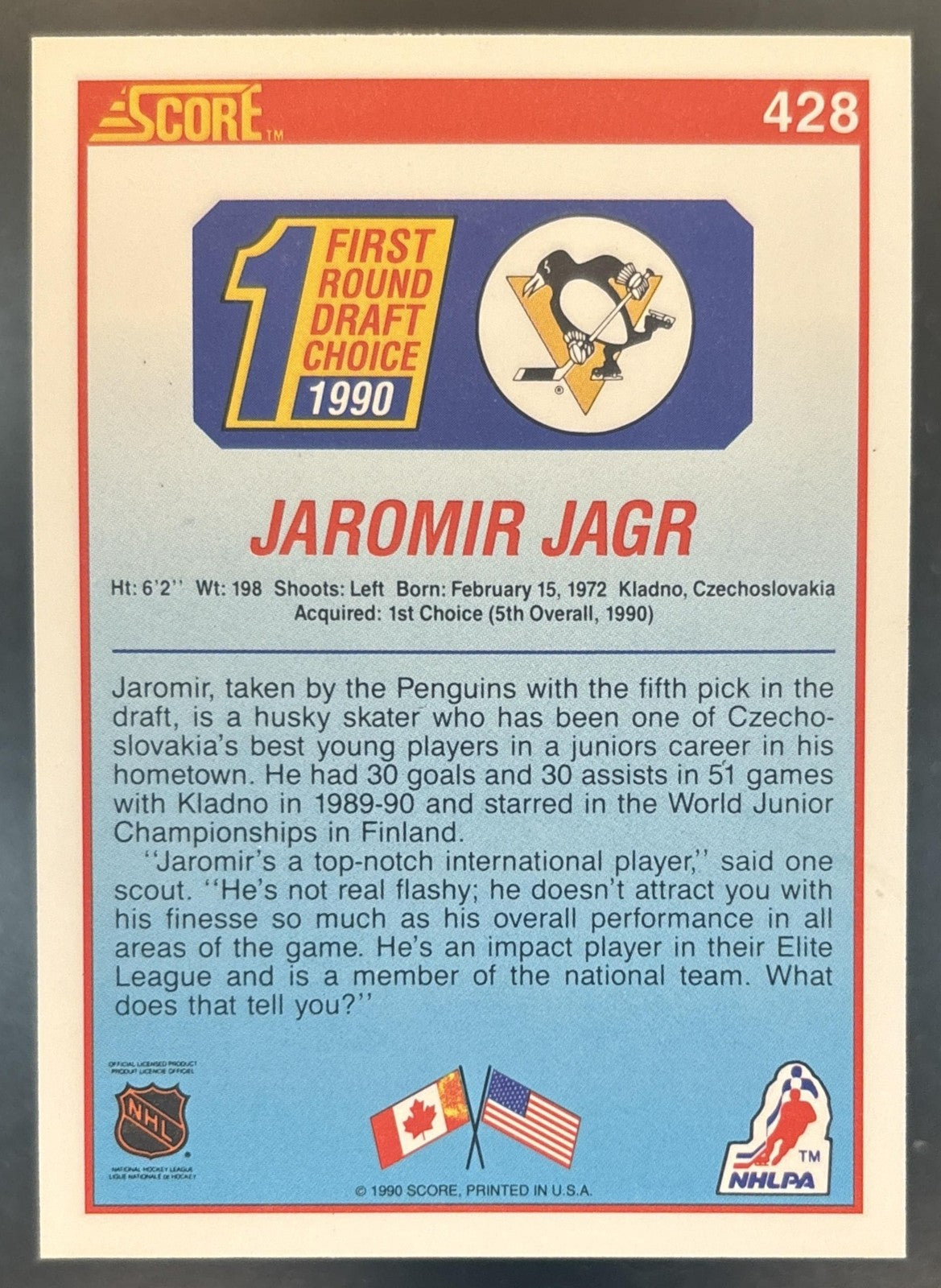 1990-91 Score American Jaromir Jagr #428 RC Pittsburgh Penguins