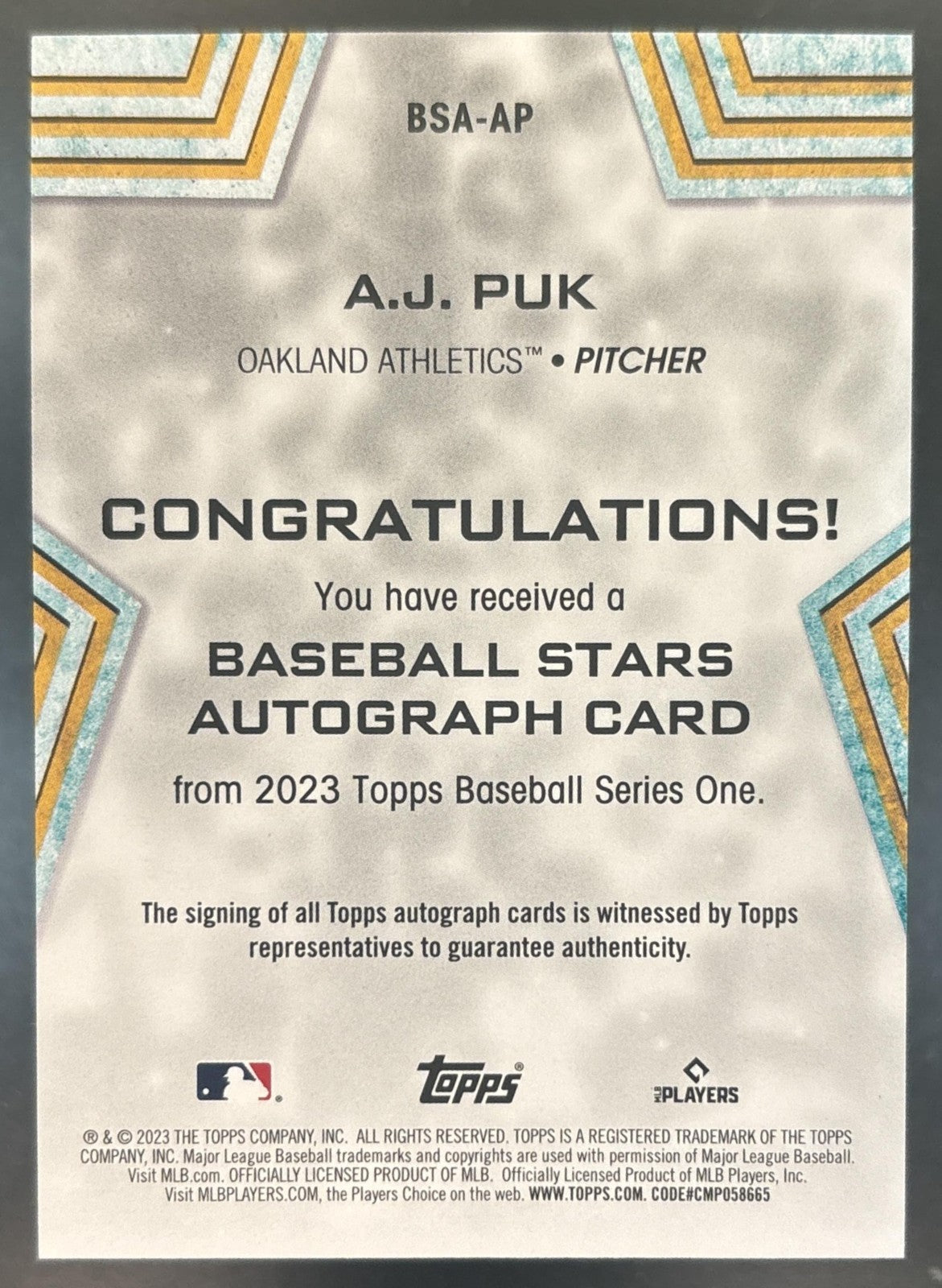 2023 Topps A.J. Puk Baseball Stars Auto Series One #BSA-AP Oakland Athletics