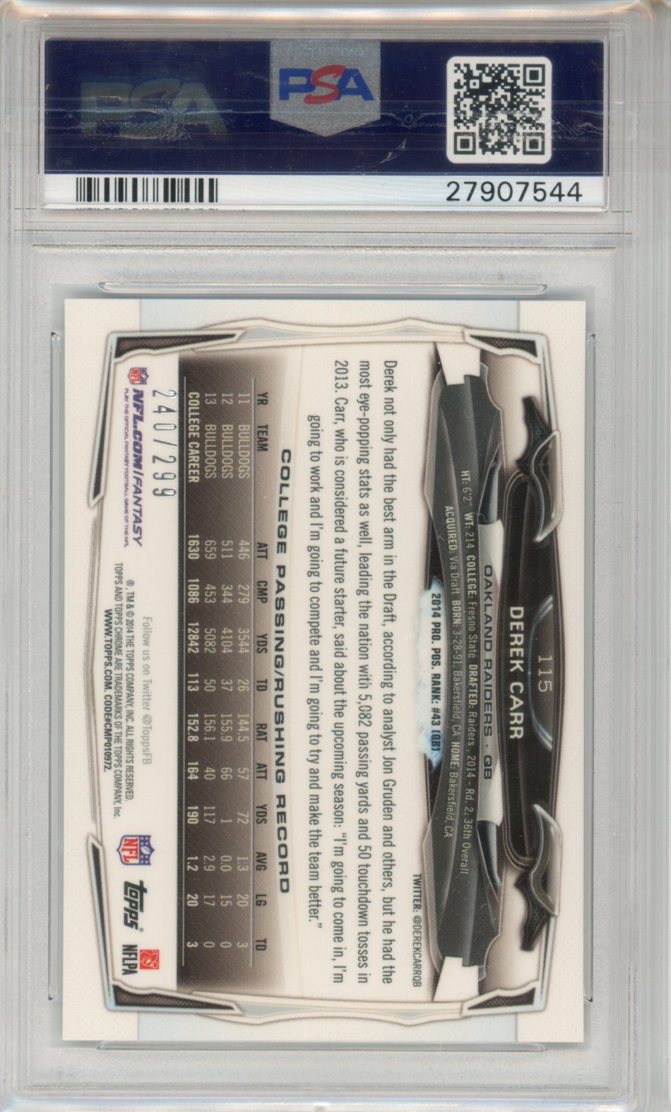 2014 Topps Chrome Derek Carr With Ball Black Refractor /299 Rookie #115 PSA 10