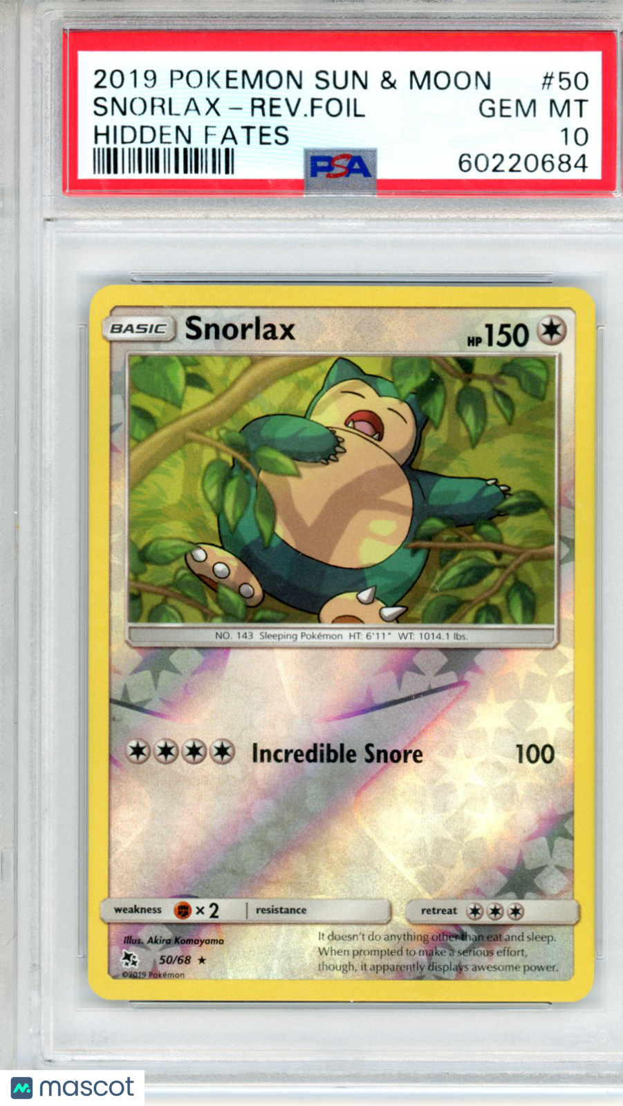2019 Pokemon Sun & Moon Hidden Fates Snorlax-Rev. Foil #50 PSA 10 GEM MINT