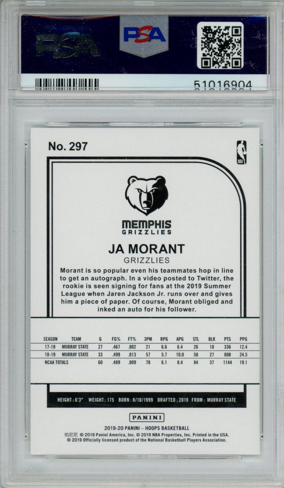 2019 Hoops Ja Morant Rookie #297 PSA 10 Memphis Grizzlies
