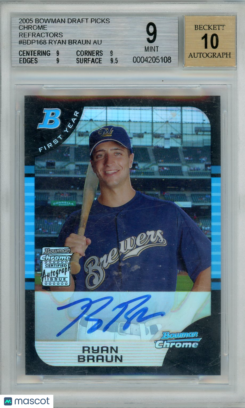 2005 Bowman Chrome Draft Refractors Ryan Braun /500 Rookie #168 BGS 9 AUTO 10