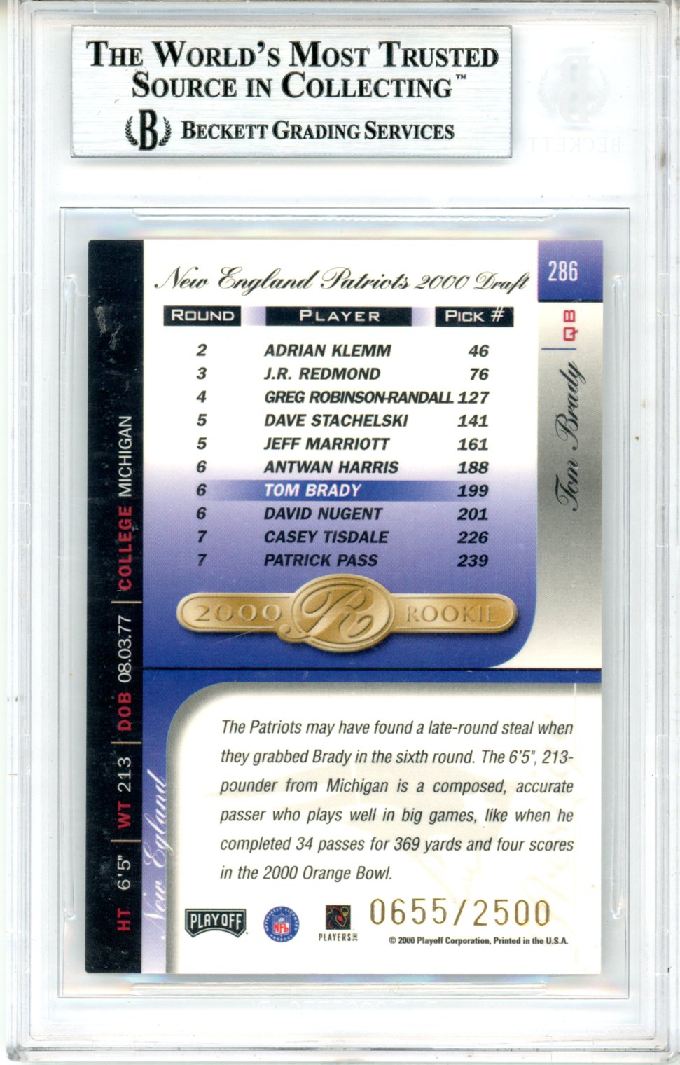 2000 Playoff Prestige #286 Tom Brady Rookie BGS 8.5 /2500