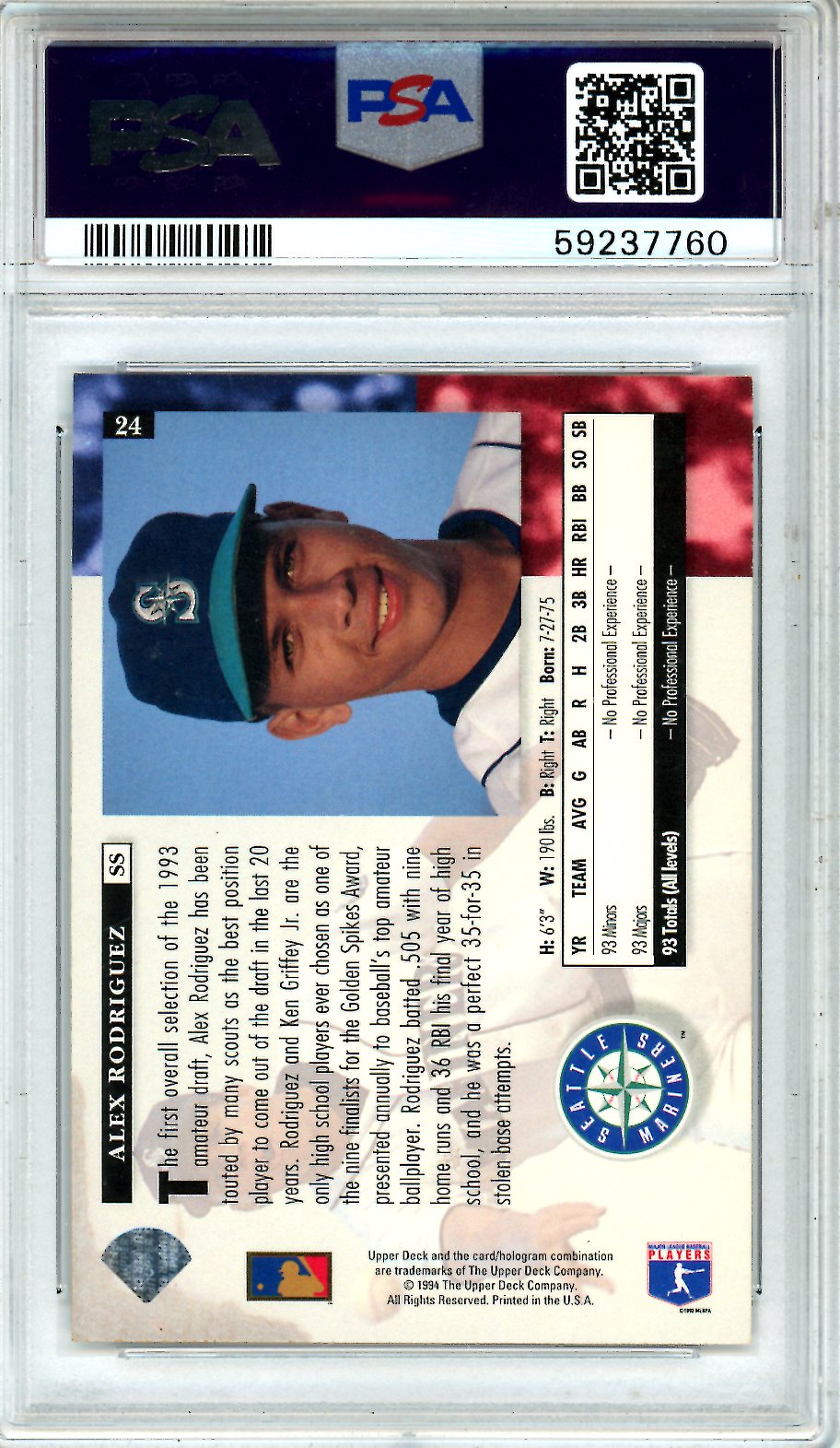1994 Upper Deck Alex Rodriguez Rookie #24 PSA 8 Seattle Mariners - Graded Sports Cards