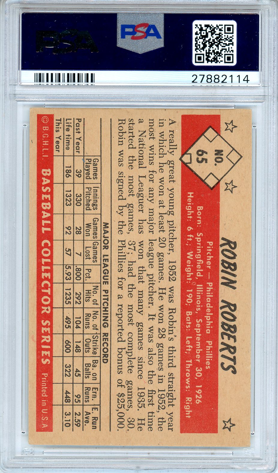 1953 Bowman Color Robin Roberts #65 PSA 4 Philadelphia Phillies GREAT COLOR!