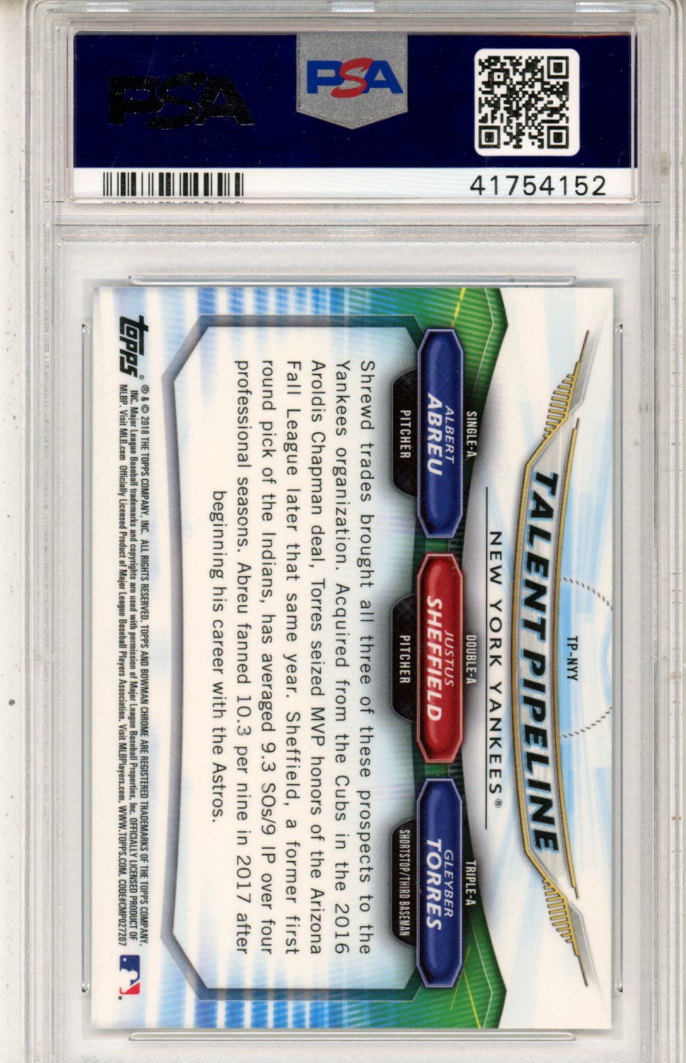 2018 Bowman Talent Pipeline Chrome A Abreu Gary Sheffield Gleyber Torres PSA 10