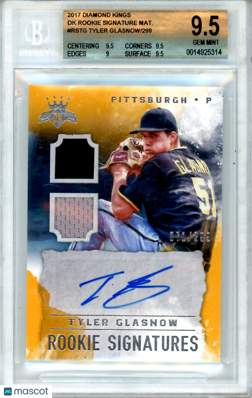 2017 Diamond Kings DK Rookie Signature Materials Tyler Glasnow /299 BGS 9.5 AUTO