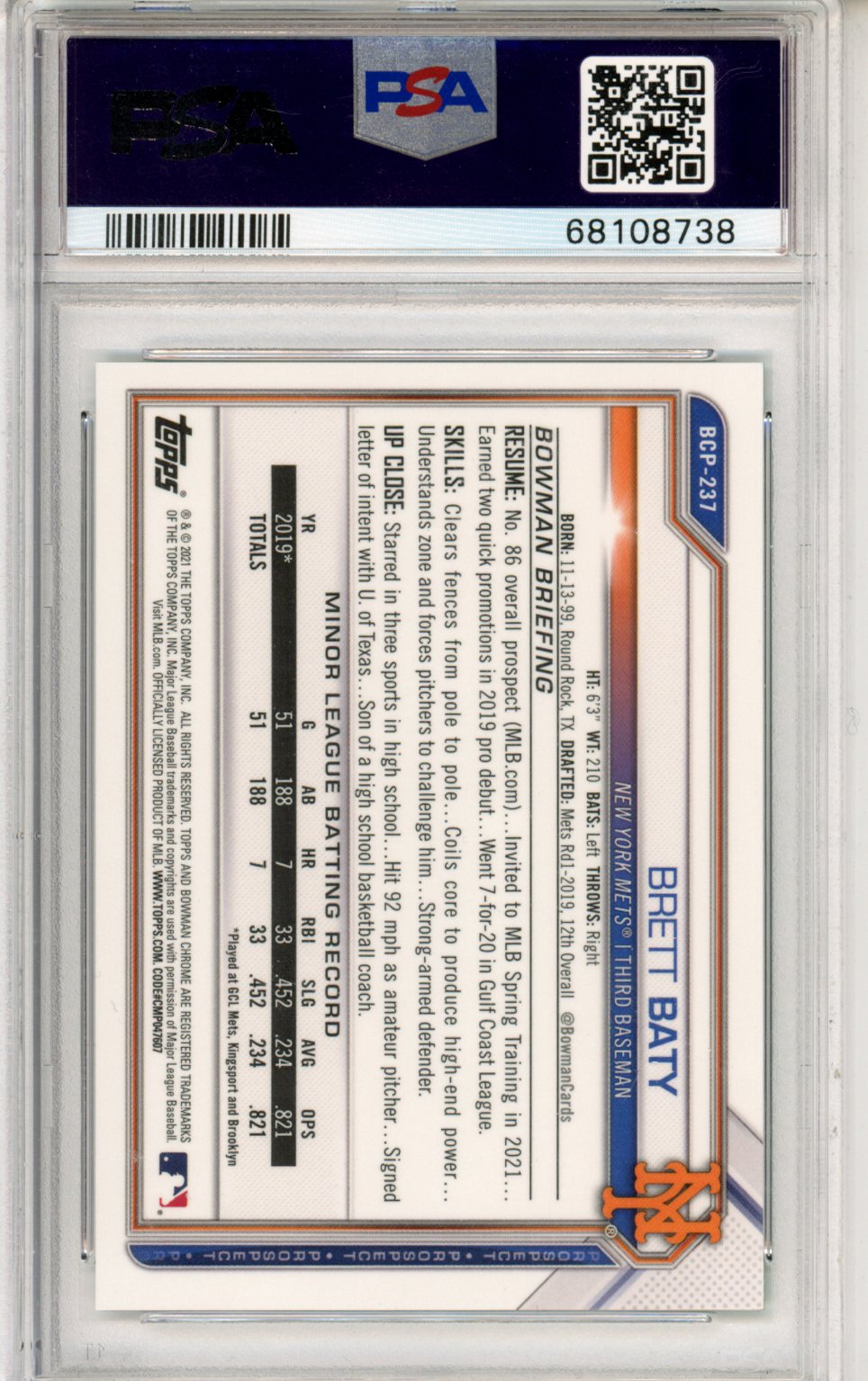 2021 Bowman Chrome Prospects Brett Baty Green Shimmer Refractor /99 PSA 9 Mets