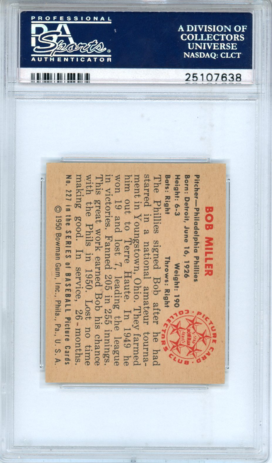 1950 Bowman Bob Miller #227 PSA 6 Philadelphia Phillies