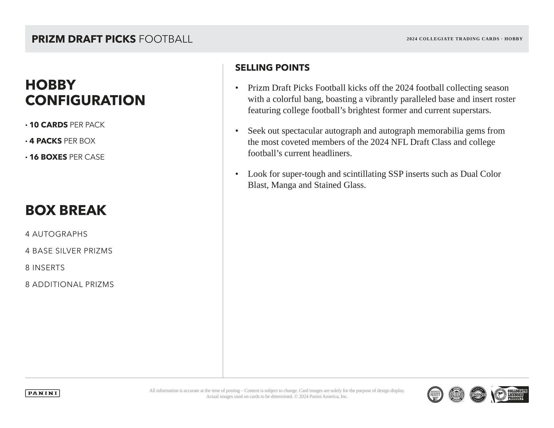 2024 Panini Prizm Draft Picks Football Hobby Box (4 Autos)