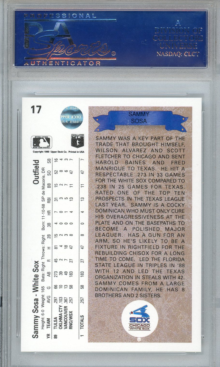 1990 Upper Deck Sammy Sosa Star Rookie #17 PSA 9 Chicago White Sox