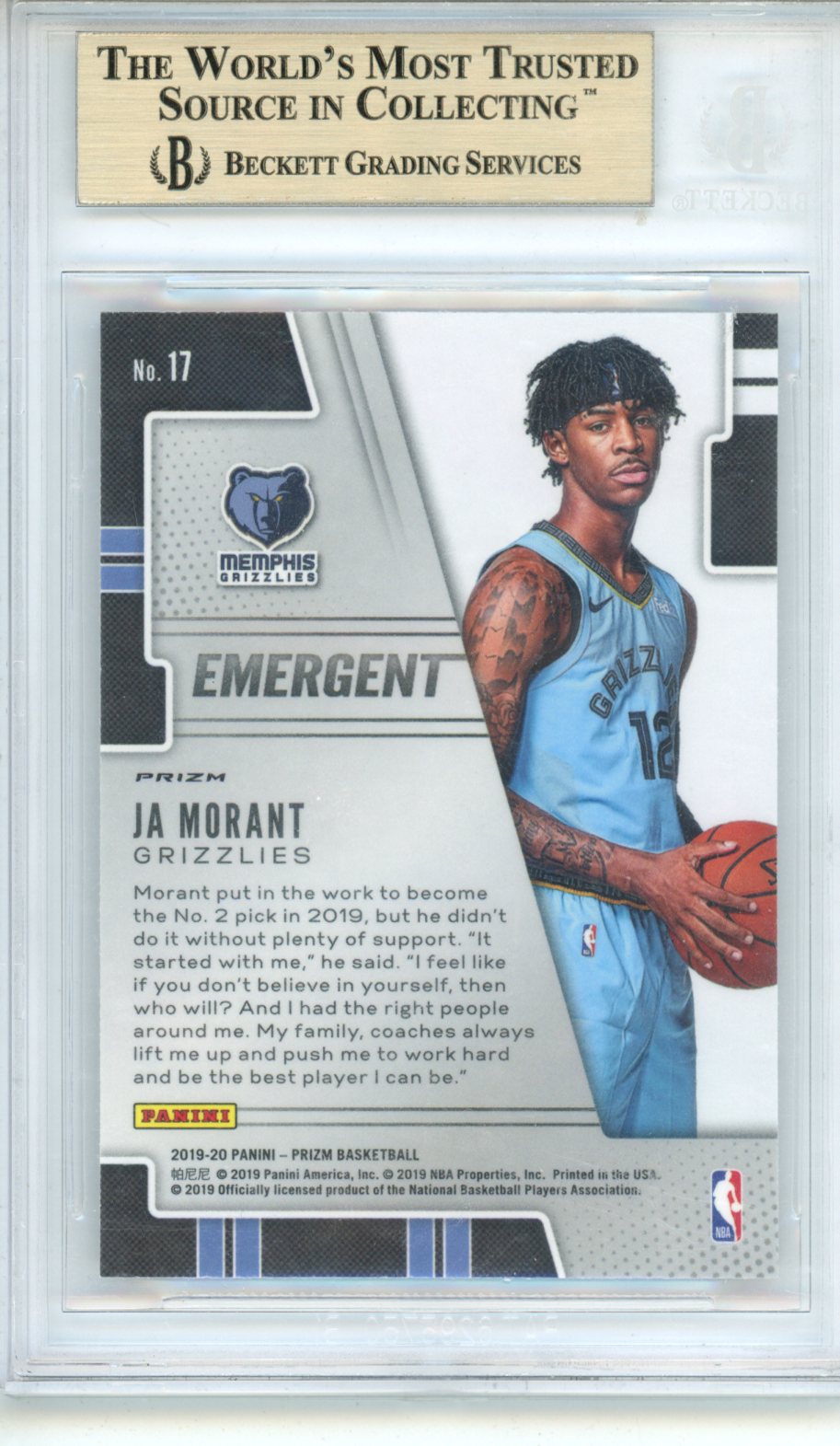 2019 Panini Prizm Ja Morant Rookie #17 BGS 9.5 Memphis Grizzlies