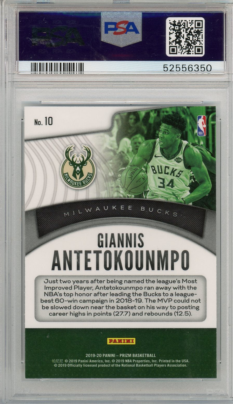 2019 Panini Prizm Dominance G. Antetokounmpo #10 PSA 10