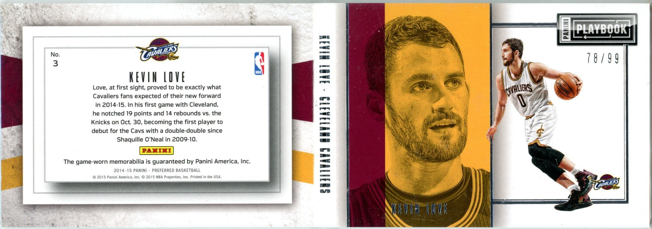 2015 Panini Playbook Kevin Love Game-Worn 78/99 Memorabilia #3 Cleveland